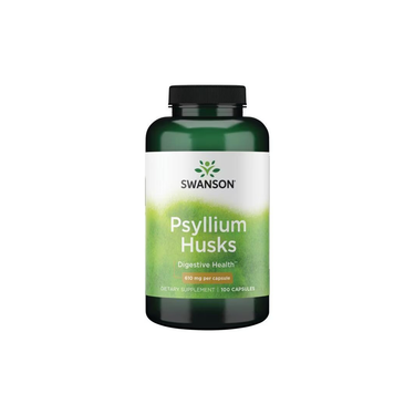 A green bottle of Swanson's Psyllium Husks, labeled as a digestive health fiber supplement, contains 100 capsules at 610 mg each.